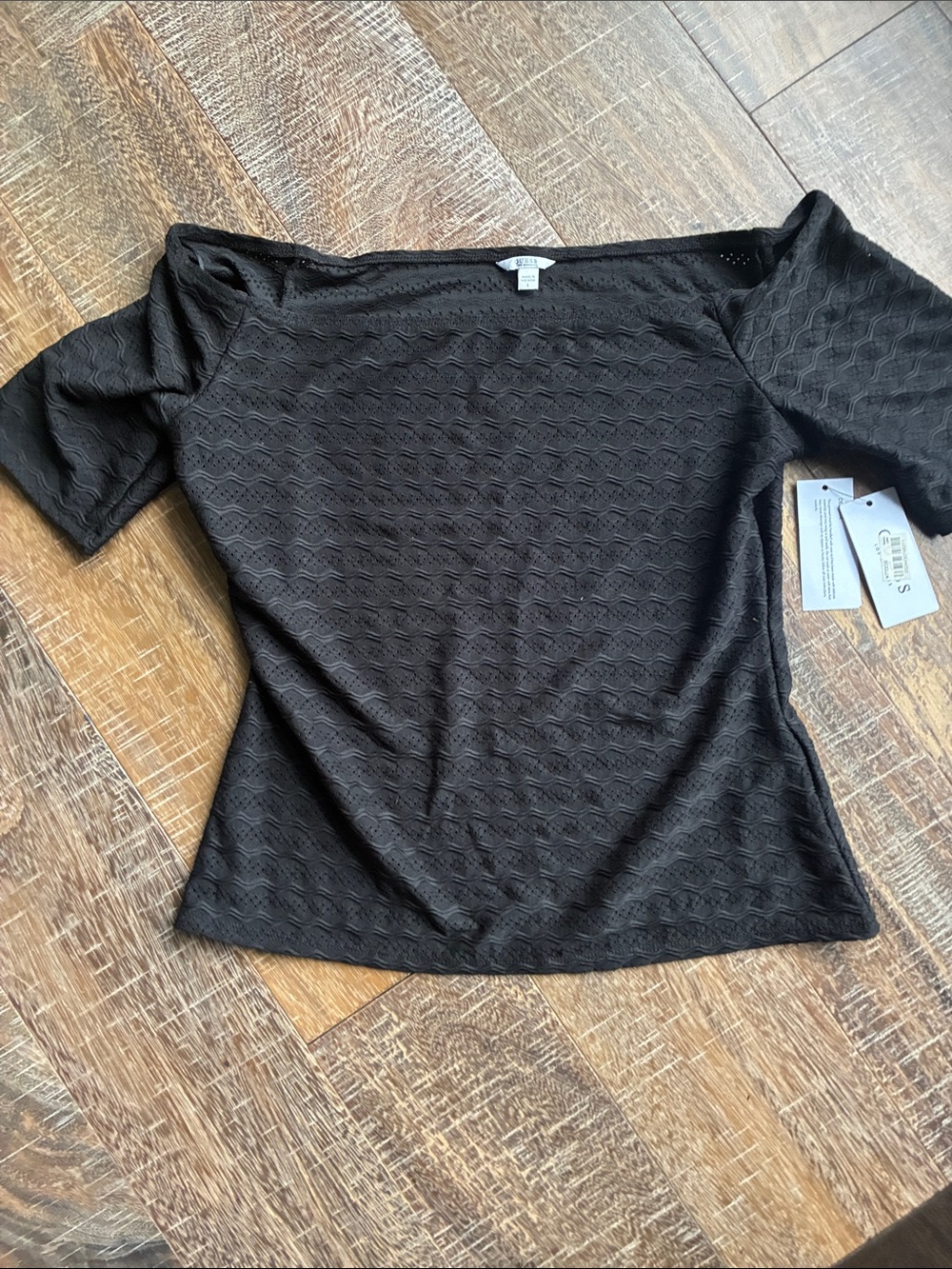 GUESS Black Textured Off-the-Shoulder Stretch Knit Top Size L